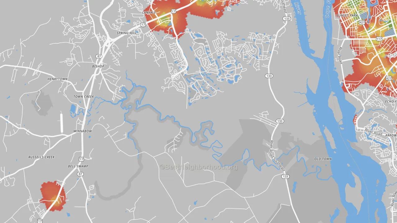 Walk Grade map of 28479, NC, walkable areas in green and car-dependent areas in red