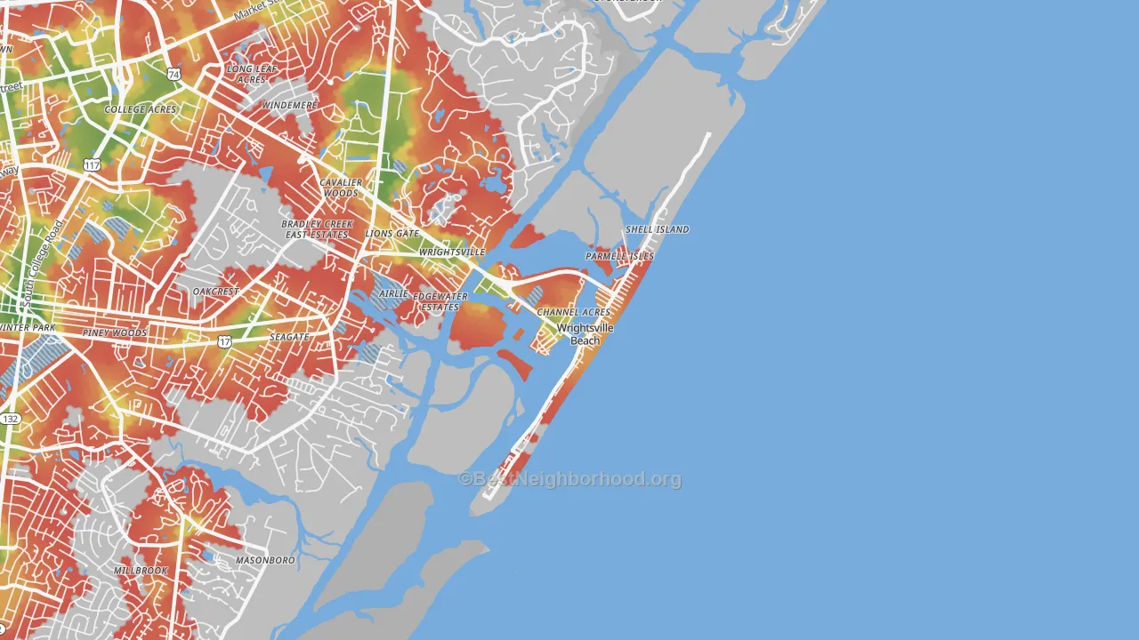Walk Grade map of 28480, NC, walkable areas in green and car-dependent areas in red