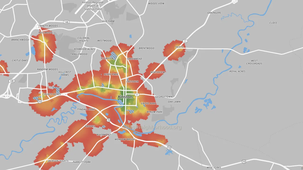 Walk Grade map of 28501, NC, walkable areas in green and car-dependent areas in red