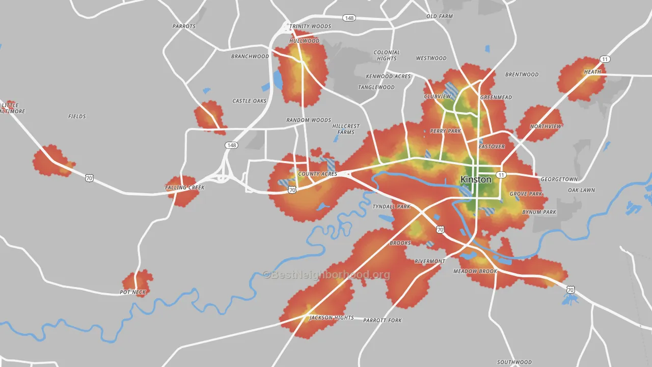 Walk Grade map of 28504, NC, walkable areas in green and car-dependent areas in red