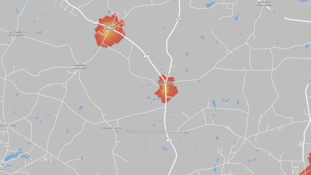 Walk Grade map of 28508, NC, walkable areas in green and car-dependent areas in red