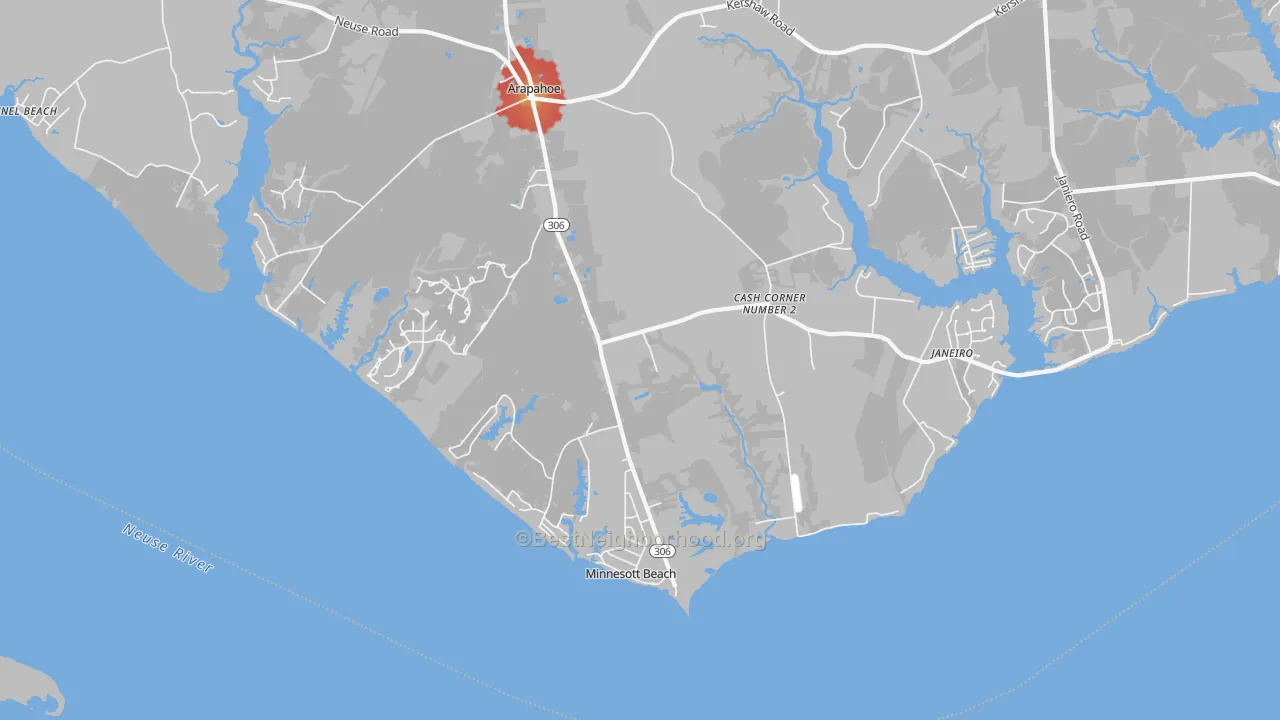 Walk Grade map of 28510, NC, walkable areas in green and car-dependent areas in red