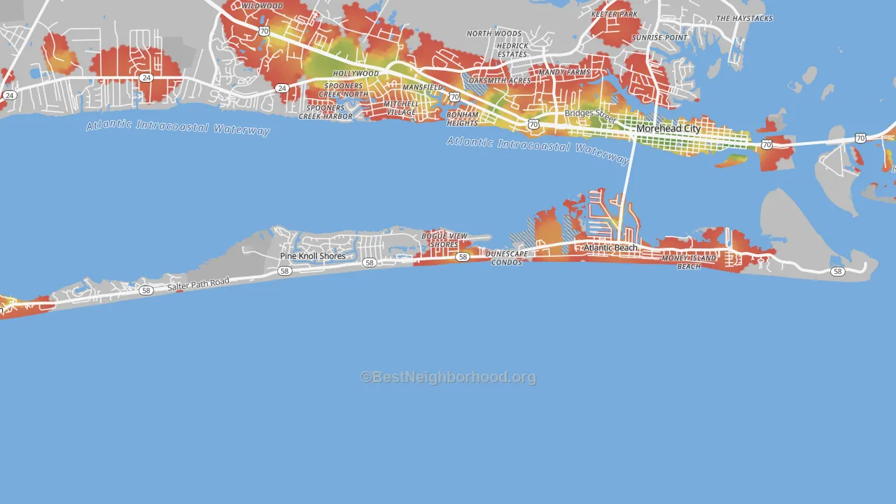 Walk Grade map of 28512, NC, walkable areas in green and car-dependent areas in red