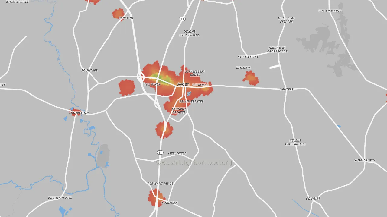 Walk Grade map of 28513, NC, walkable areas in green and car-dependent areas in red