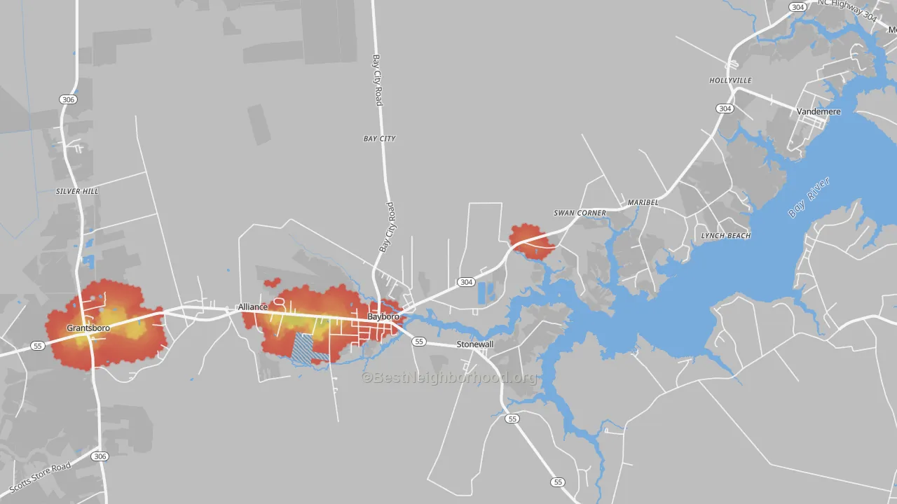 Walk Grade map of 28515, NC, walkable areas in green and car-dependent areas in red