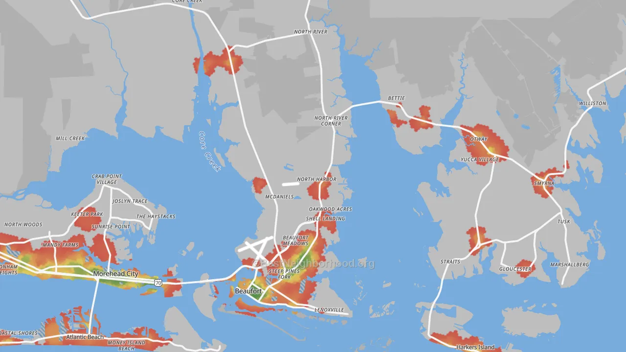 Walk Grade map of 28516, NC, walkable areas in green and car-dependent areas in red