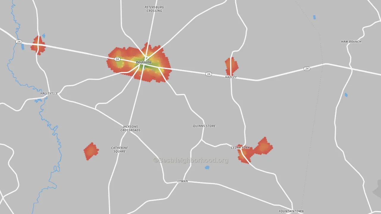 Walk Grade map of 28518, NC, walkable areas in green and car-dependent areas in red