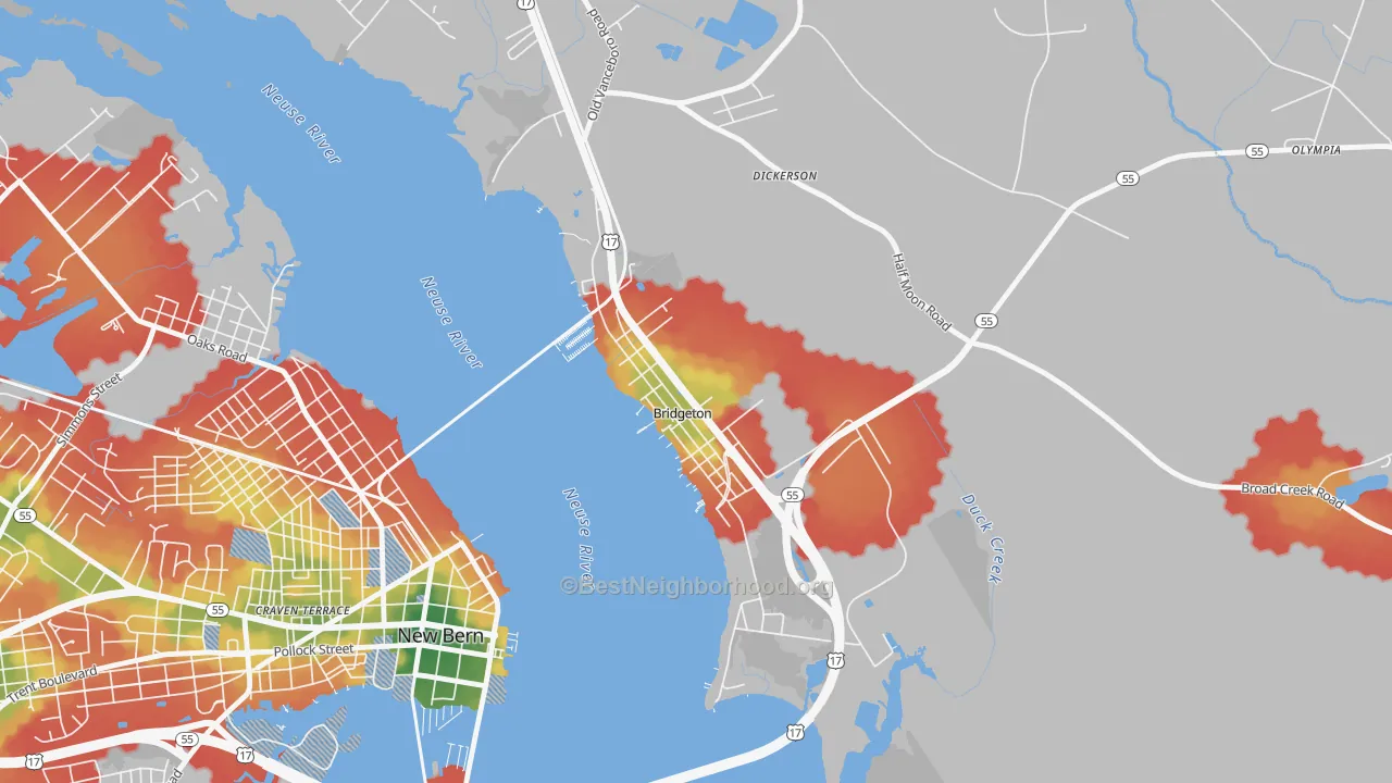 Walk Grade map of 28519, NC, walkable areas in green and car-dependent areas in red