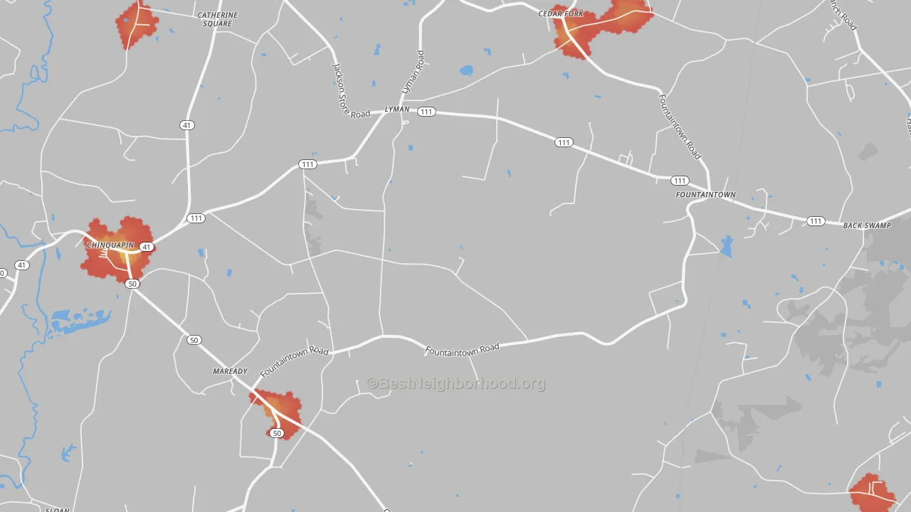 Walk Grade map of 28521, NC, walkable areas in green and car-dependent areas in red