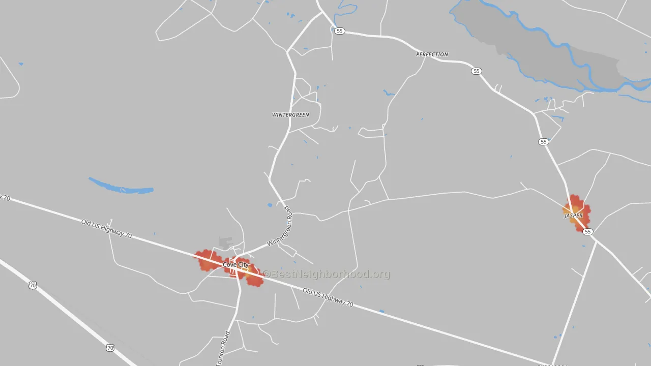 Walk Grade map of 28523, NC, walkable areas in green and car-dependent areas in red