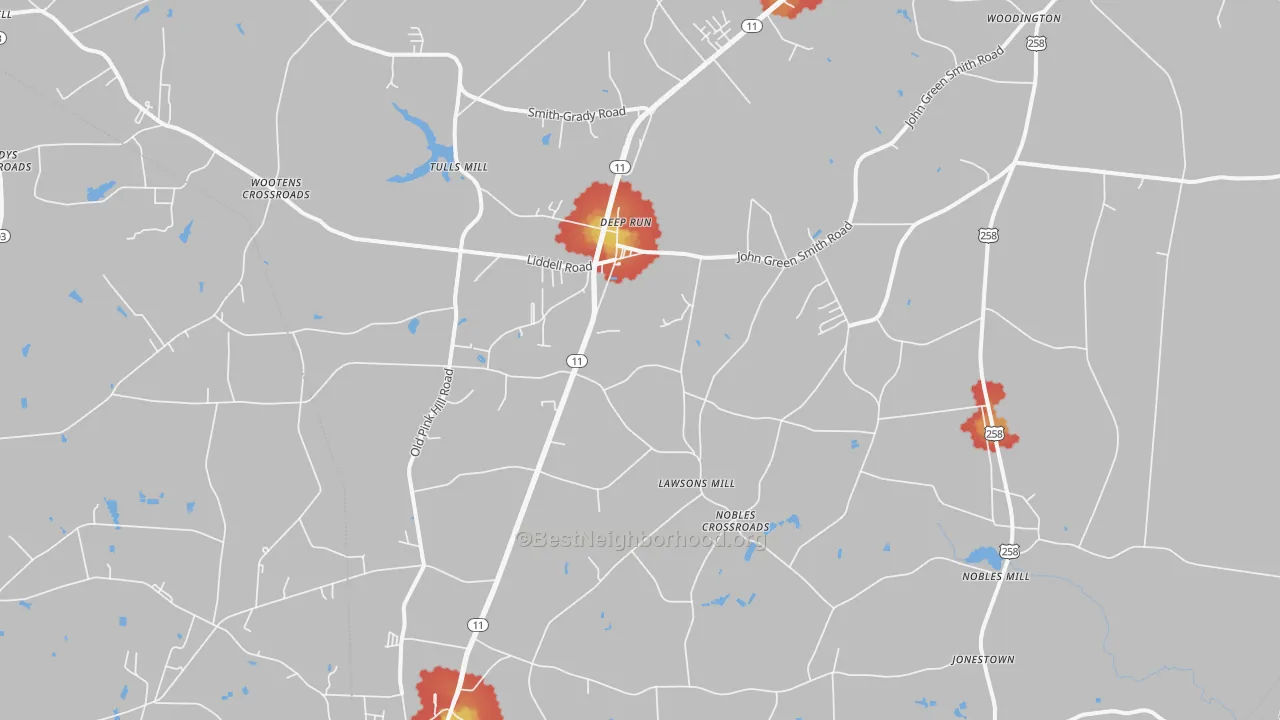 Walk Grade map of 28525, NC, walkable areas in green and car-dependent areas in red