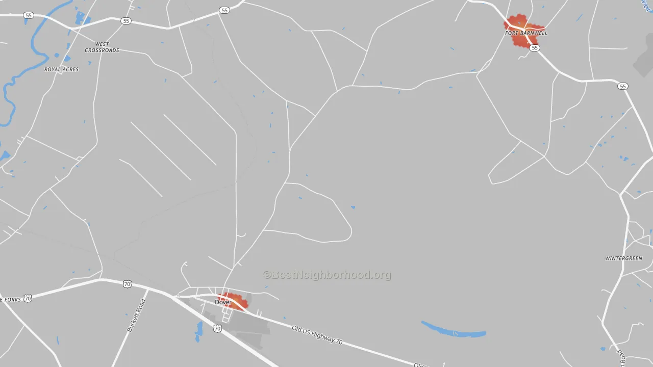 Walk Grade map of 28526, NC, walkable areas in green and car-dependent areas in red