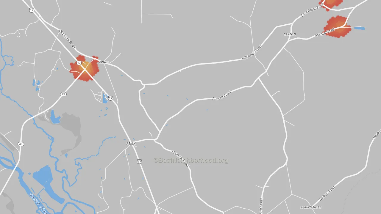 Walk Grade map of 28527, NC, walkable areas in green and car-dependent areas in red