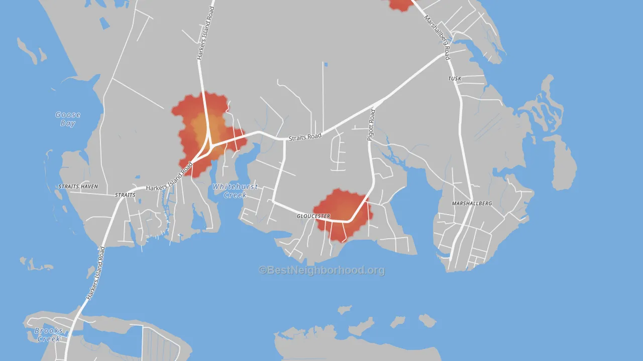 Walk Grade map of 28528, NC, walkable areas in green and car-dependent areas in red