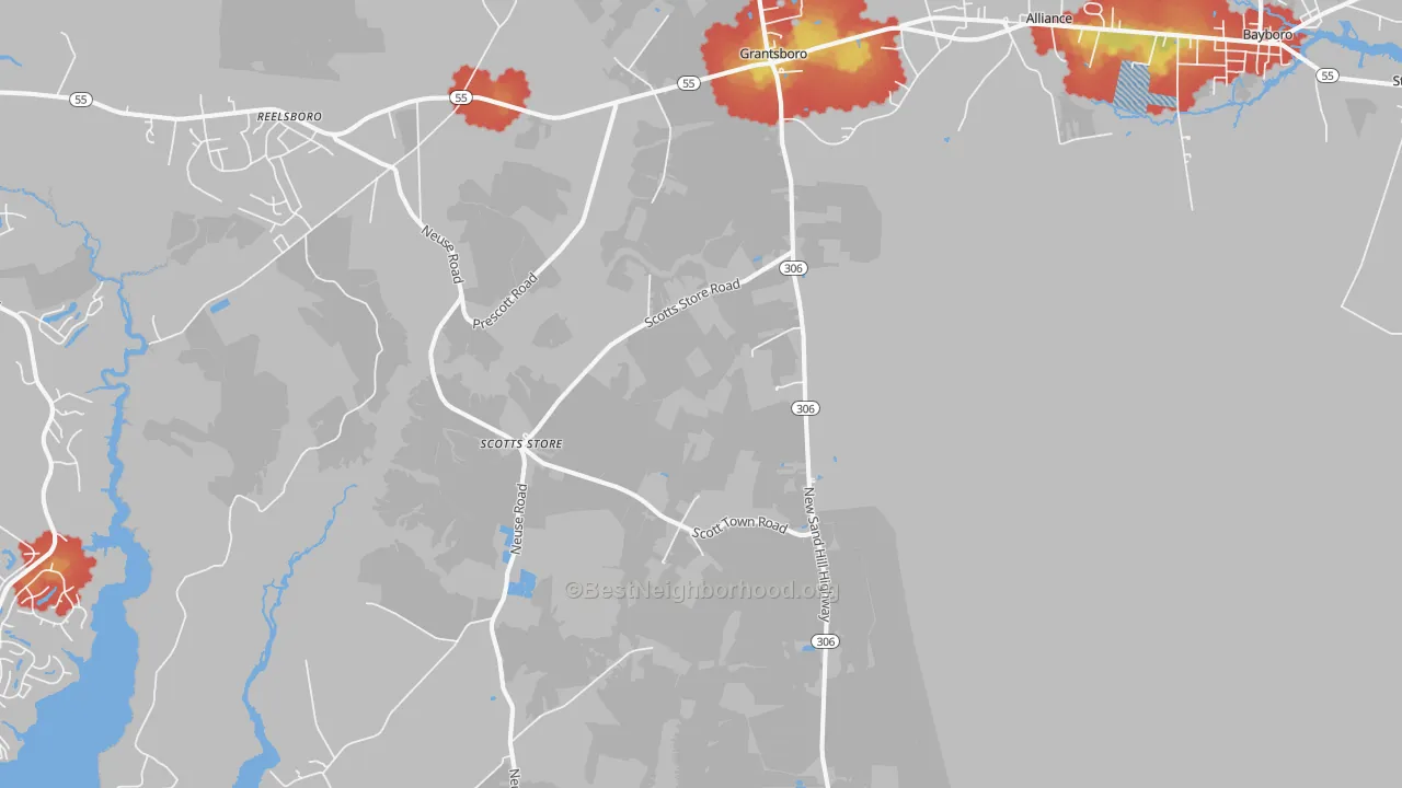 Walk Grade map of 28529, NC, walkable areas in green and car-dependent areas in red