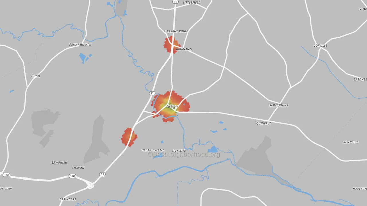 Walk Grade map of 28530, NC, walkable areas in green and car-dependent areas in red