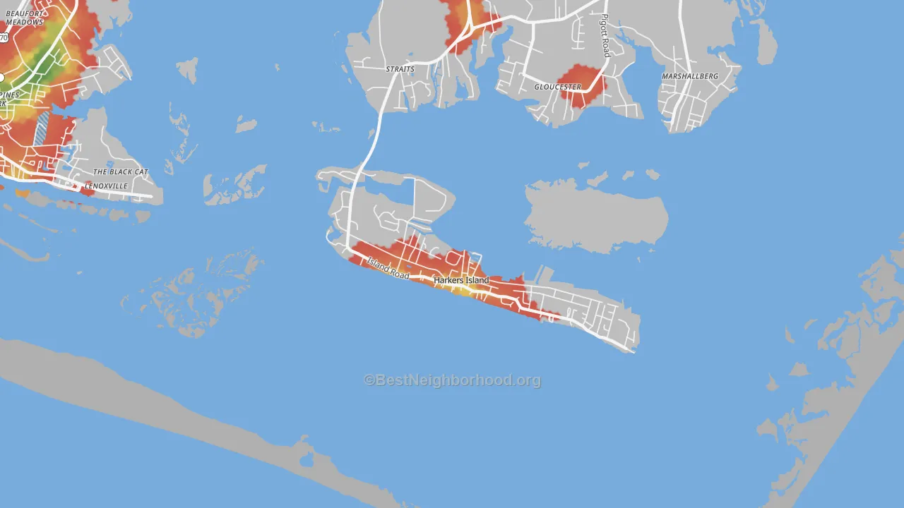 Walk Grade map of 28531, NC, walkable areas in green and car-dependent areas in red
