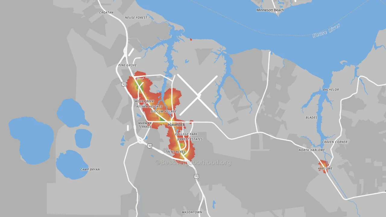 Walk Grade map of 28532, NC, walkable areas in green and car-dependent areas in red