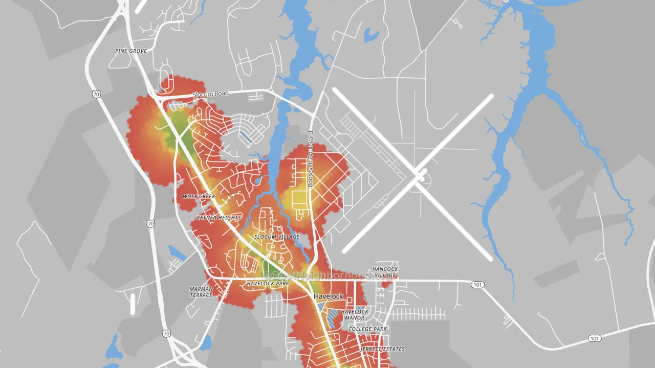 Walk Grade map of 28533, NC, walkable areas in green and car-dependent areas in red