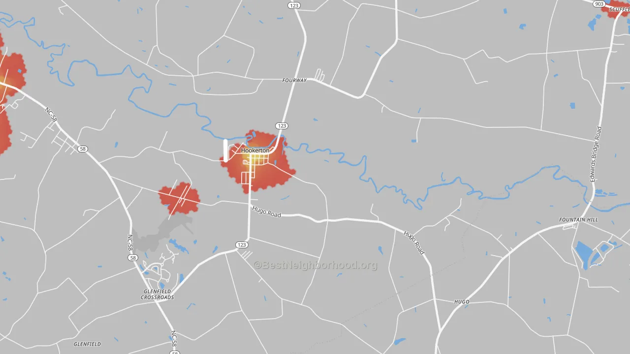 Walk Grade map of 28538, NC, walkable areas in green and car-dependent areas in red
