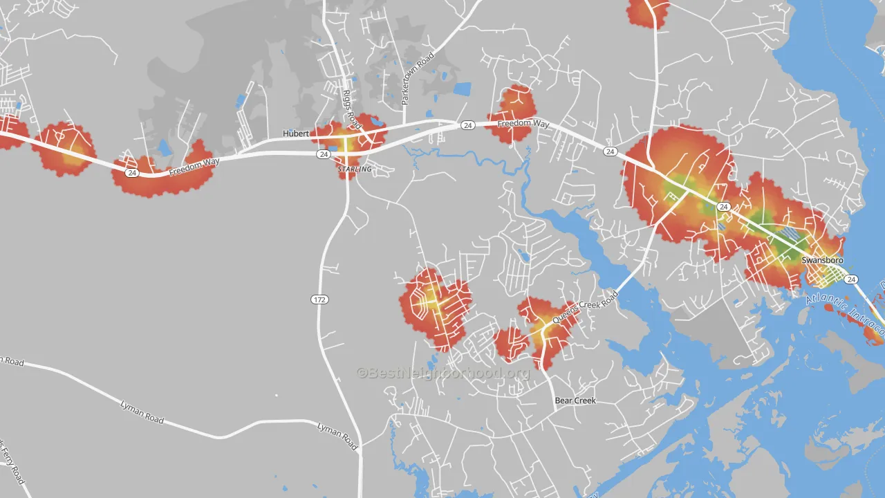Walk Grade map of 28539, NC, walkable areas in green and car-dependent areas in red