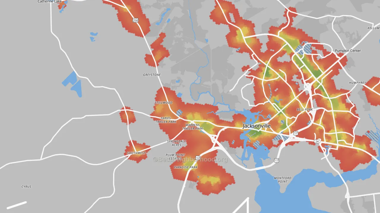 Walk Grade map of 28540, NC, walkable areas in green and car-dependent areas in red