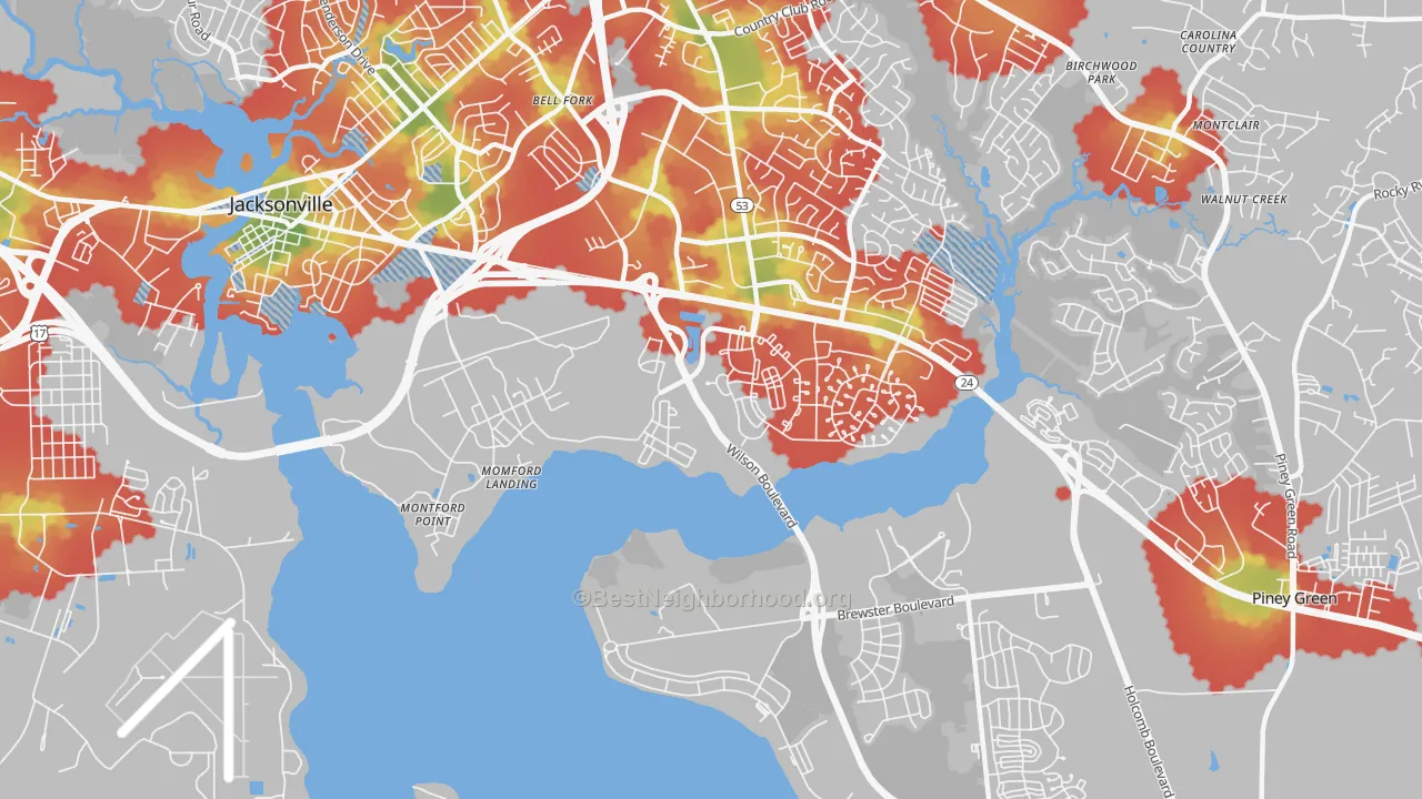 Walk Grade map of 28543, NC, walkable areas in green and car-dependent areas in red