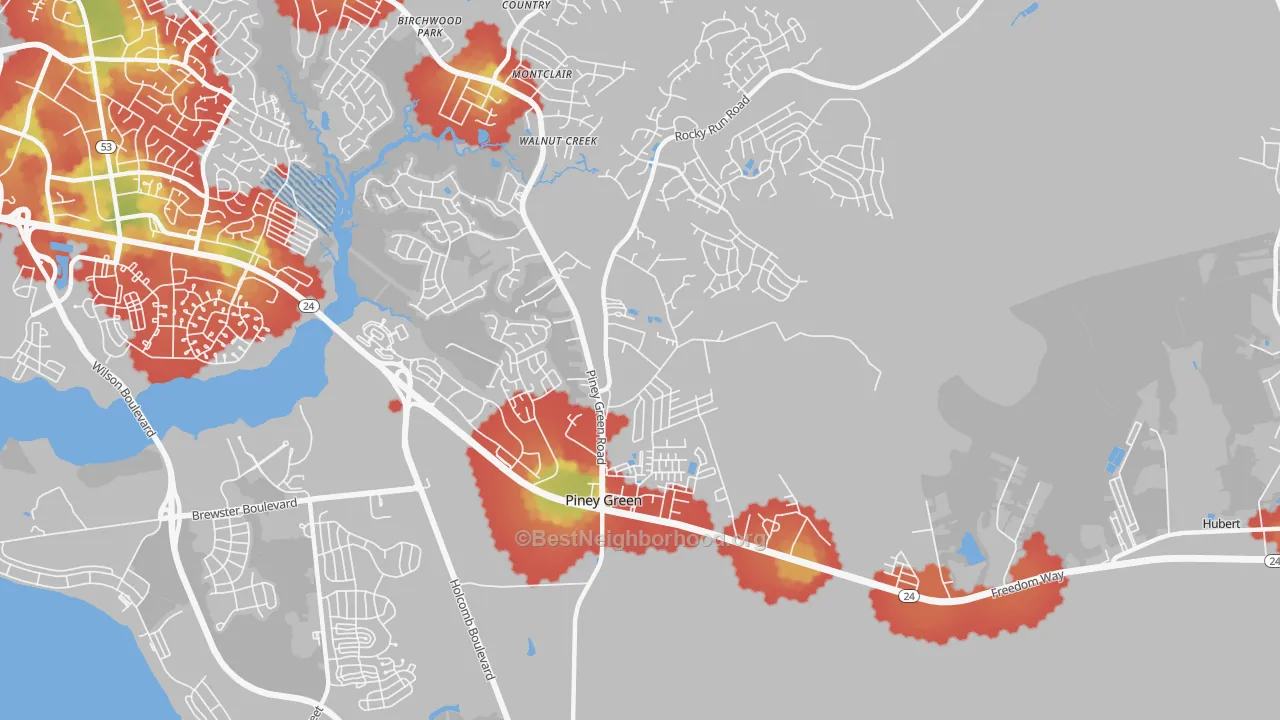 Walk Grade map of 28544, NC, walkable areas in green and car-dependent areas in red