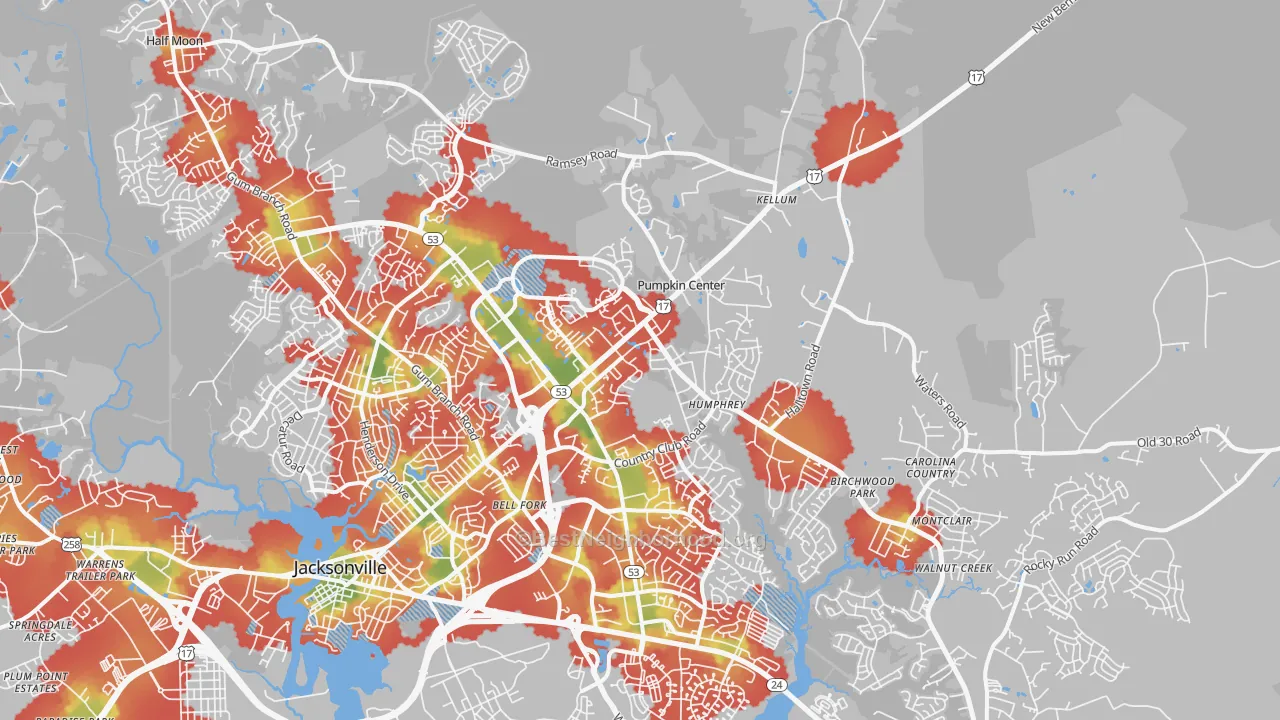 Walk Grade map of 28546, NC, walkable areas in green and car-dependent areas in red