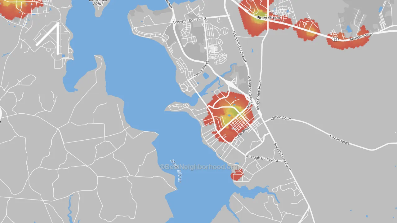 Walk Grade map of 28547, NC, walkable areas in green and car-dependent areas in red