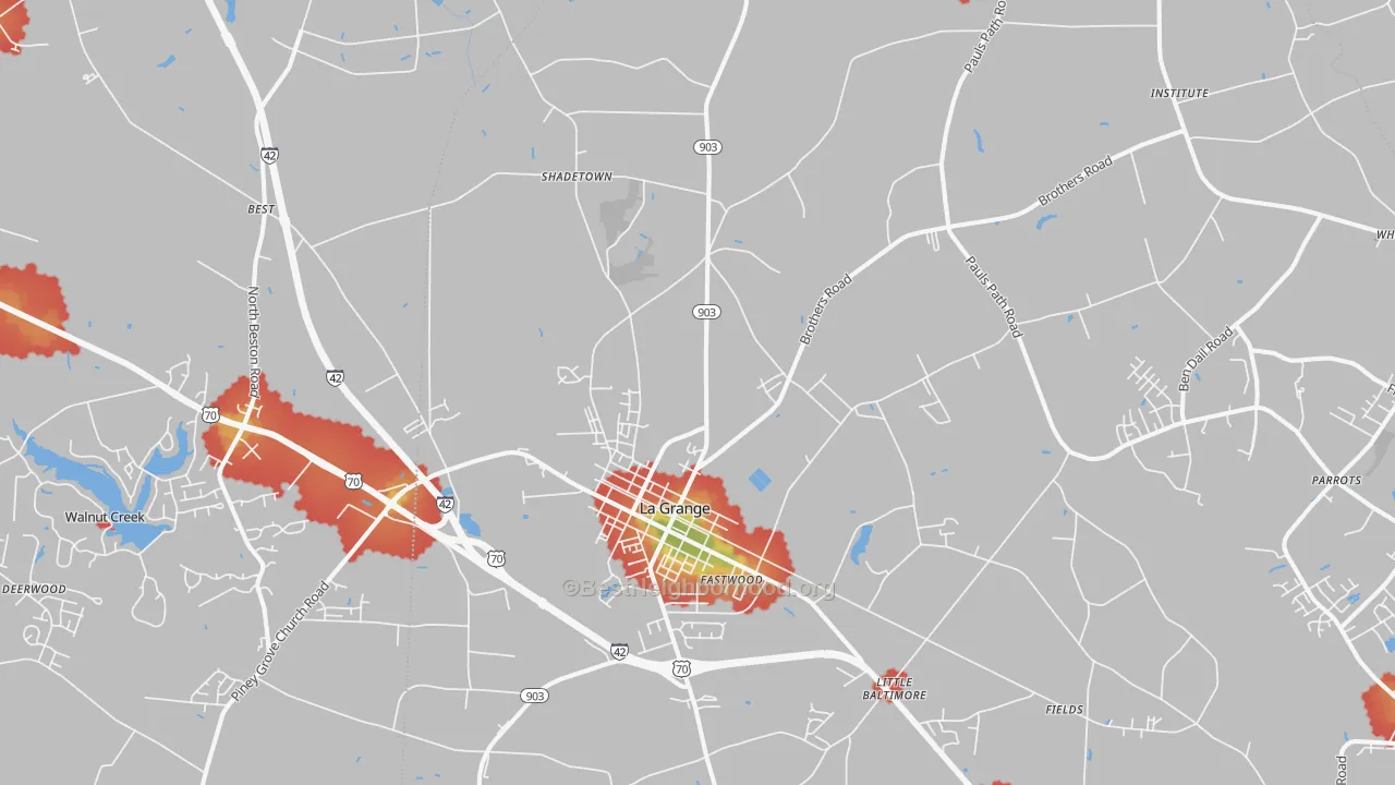 Walk Grade map of 28551, NC, walkable areas in green and car-dependent areas in red