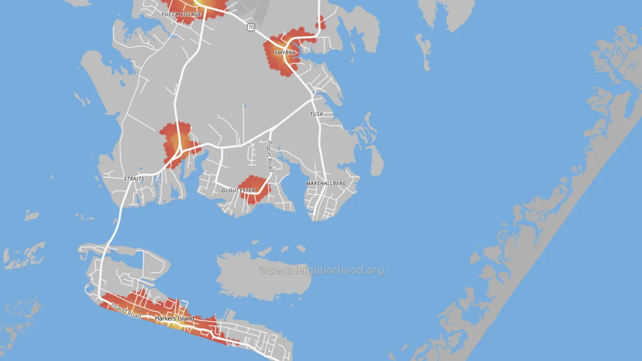 Walk Grade map of 28553, NC, walkable areas in green and car-dependent areas in red