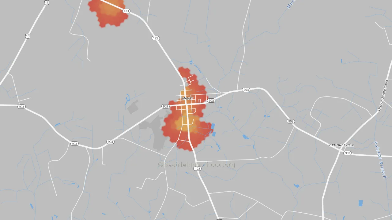 Walk Grade map of 28554, NC, walkable areas in green and car-dependent areas in red