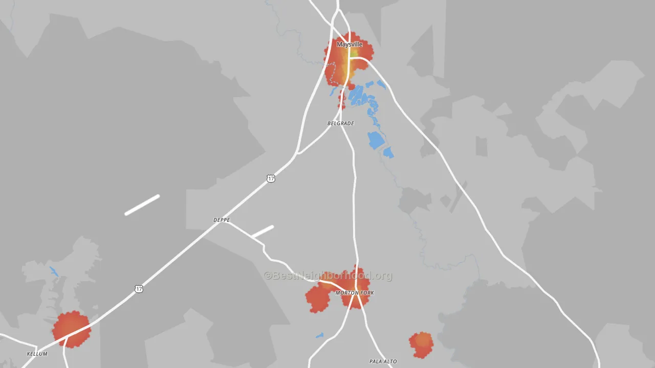 Walk Grade map of 28555, NC, walkable areas in green and car-dependent areas in red