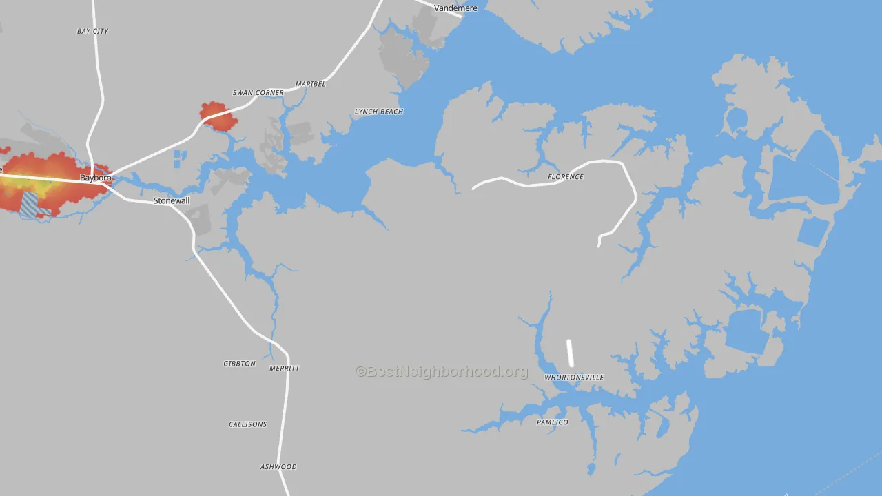 Walk Grade map of 28556, NC, walkable areas in green and car-dependent areas in red