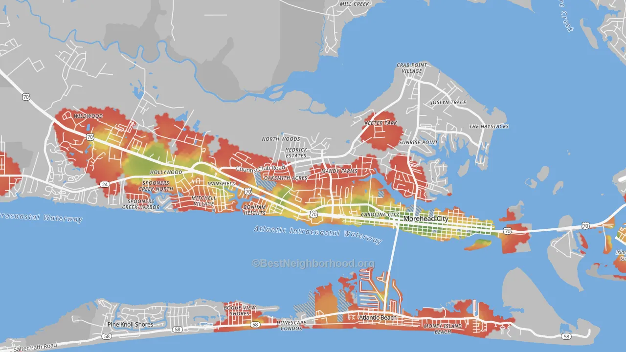 Walk Grade map of 28557, NC, walkable areas in green and car-dependent areas in red