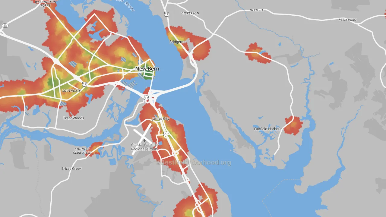 Walk Grade map of 28560, NC, walkable areas in green and car-dependent areas in red