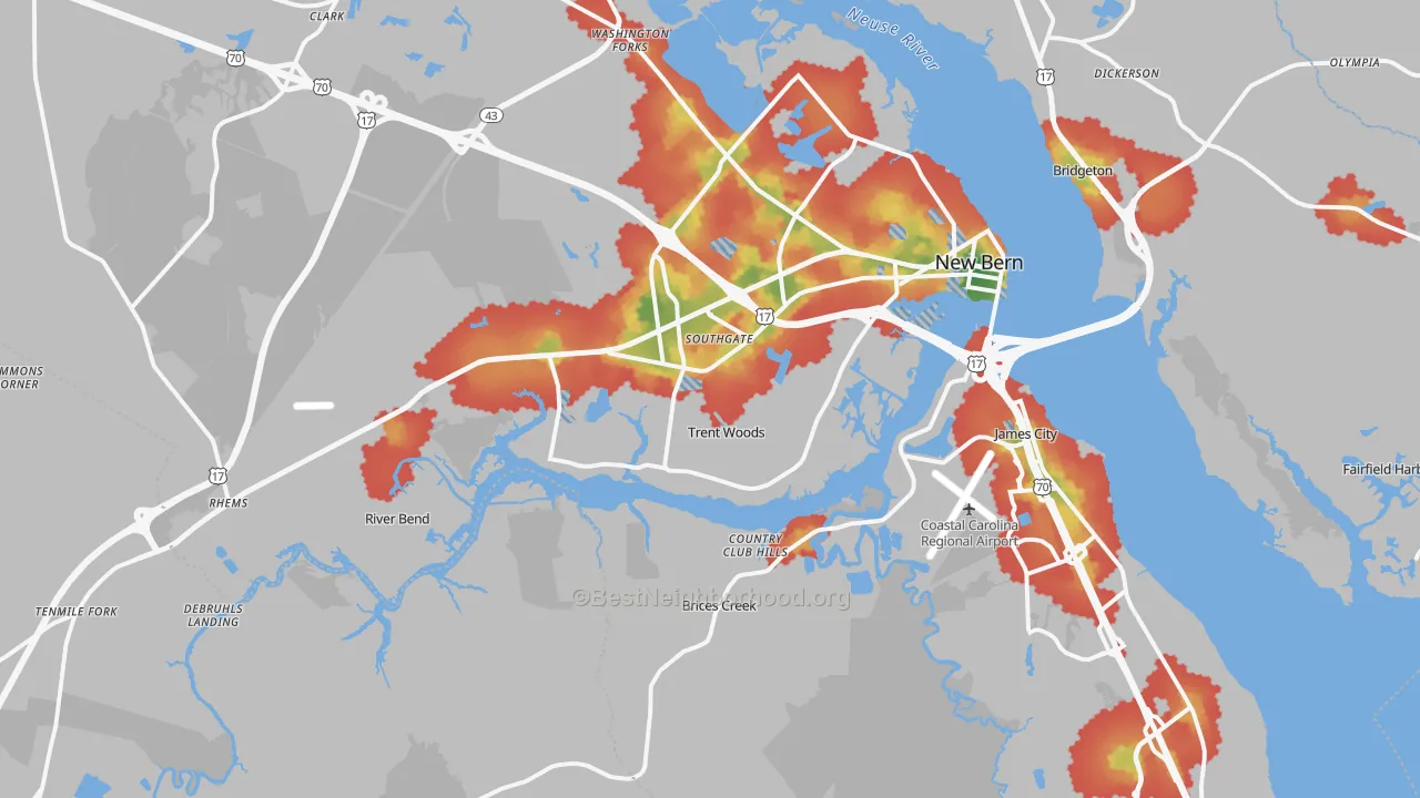Walk Grade map of 28562, NC, walkable areas in green and car-dependent areas in red