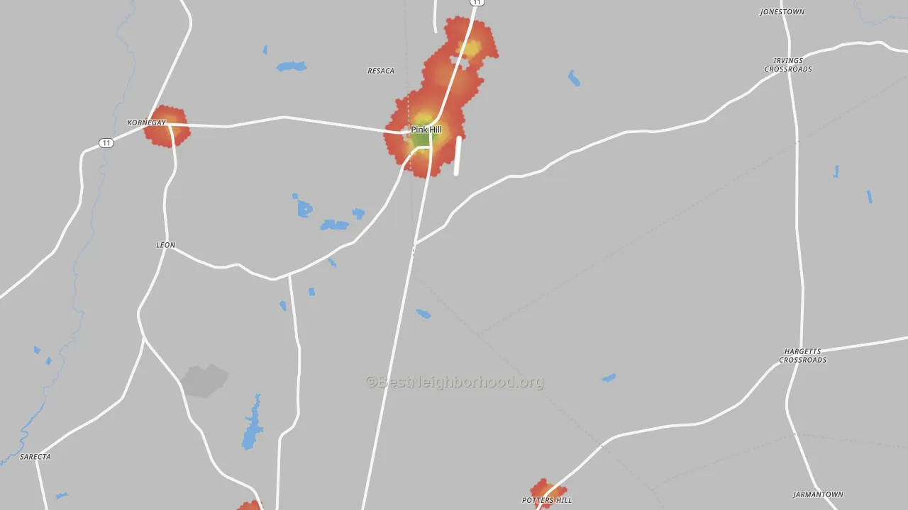 Walk Grade map of 28572, NC, walkable areas in green and car-dependent areas in red