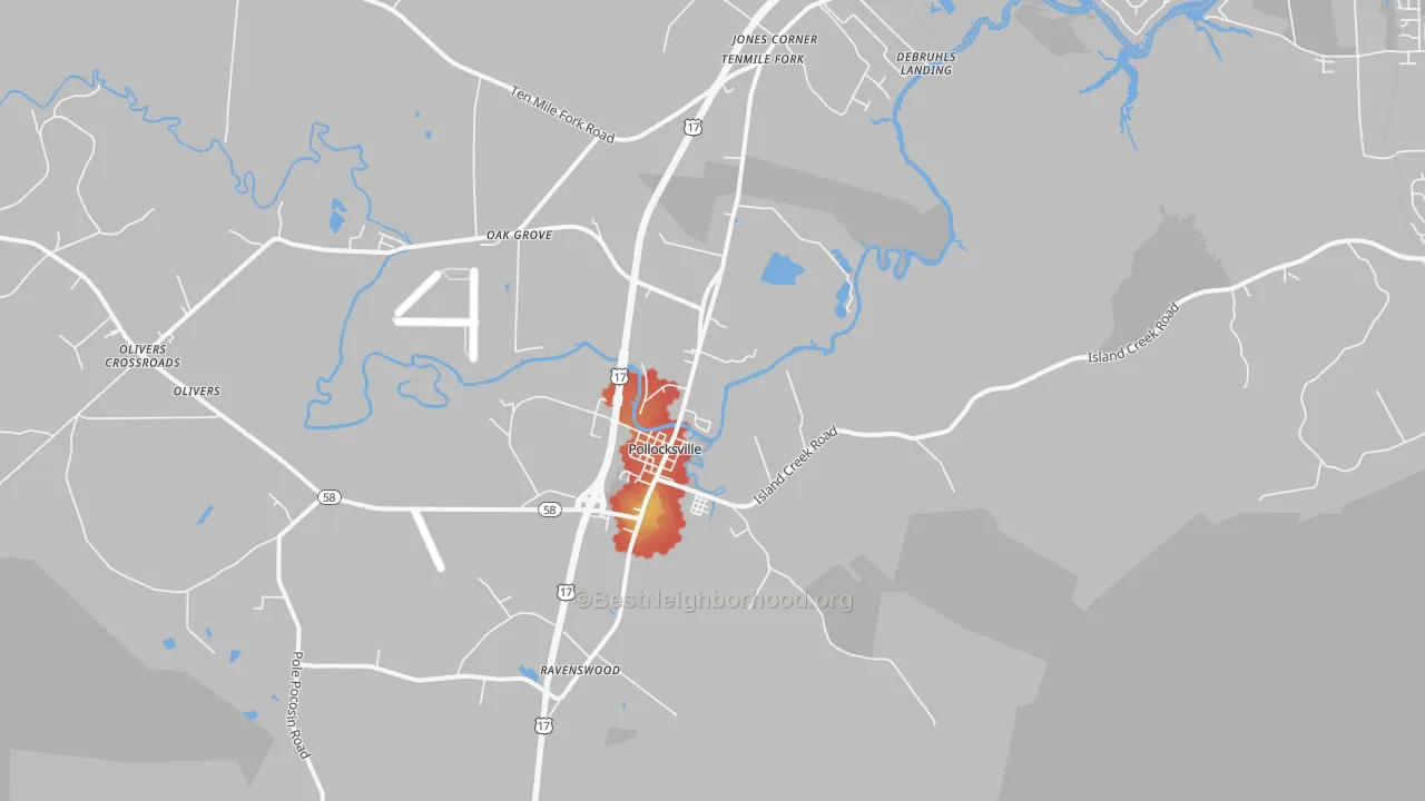 Walk Grade map of 28573, NC, walkable areas in green and car-dependent areas in red