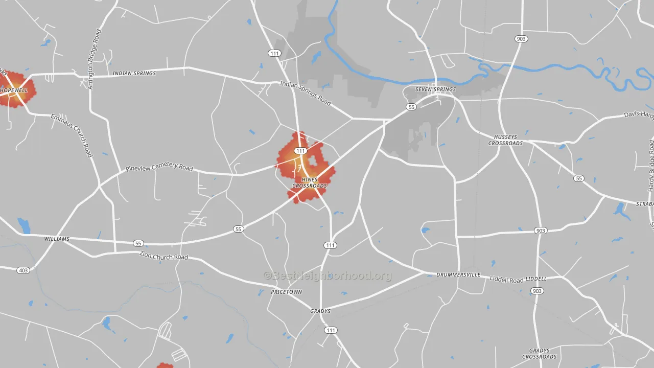 Walk Grade map of 28578, NC, walkable areas in green and car-dependent areas in red