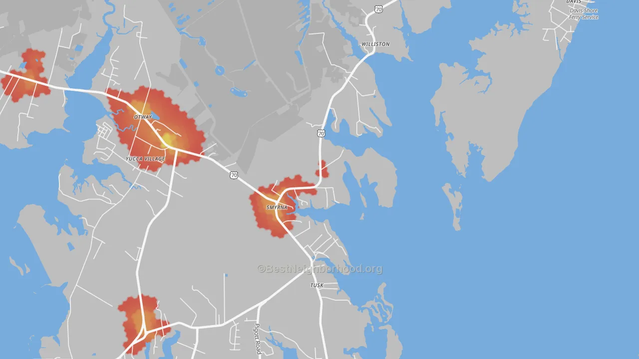 Walk Grade map of 28579, NC, walkable areas in green and car-dependent areas in red