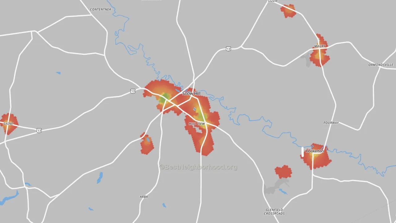 Walk Grade map of 28580, NC, walkable areas in green and car-dependent areas in red