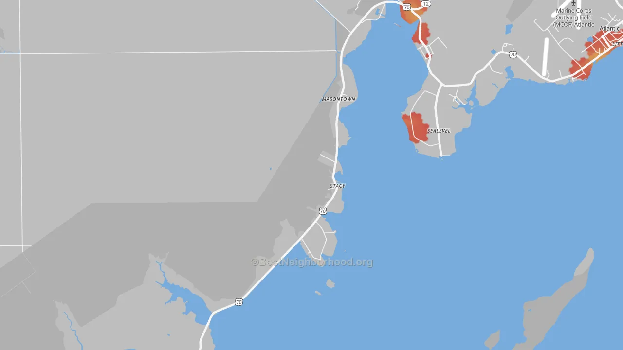 Walk Grade map of 28581, NC, walkable areas in green and car-dependent areas in red