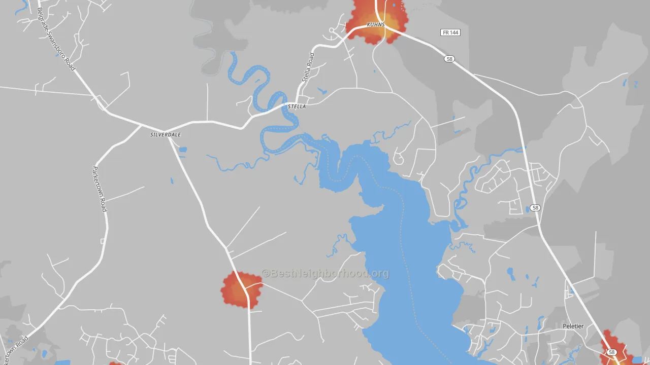 Walk Grade map of 28582, NC, walkable areas in green and car-dependent areas in red