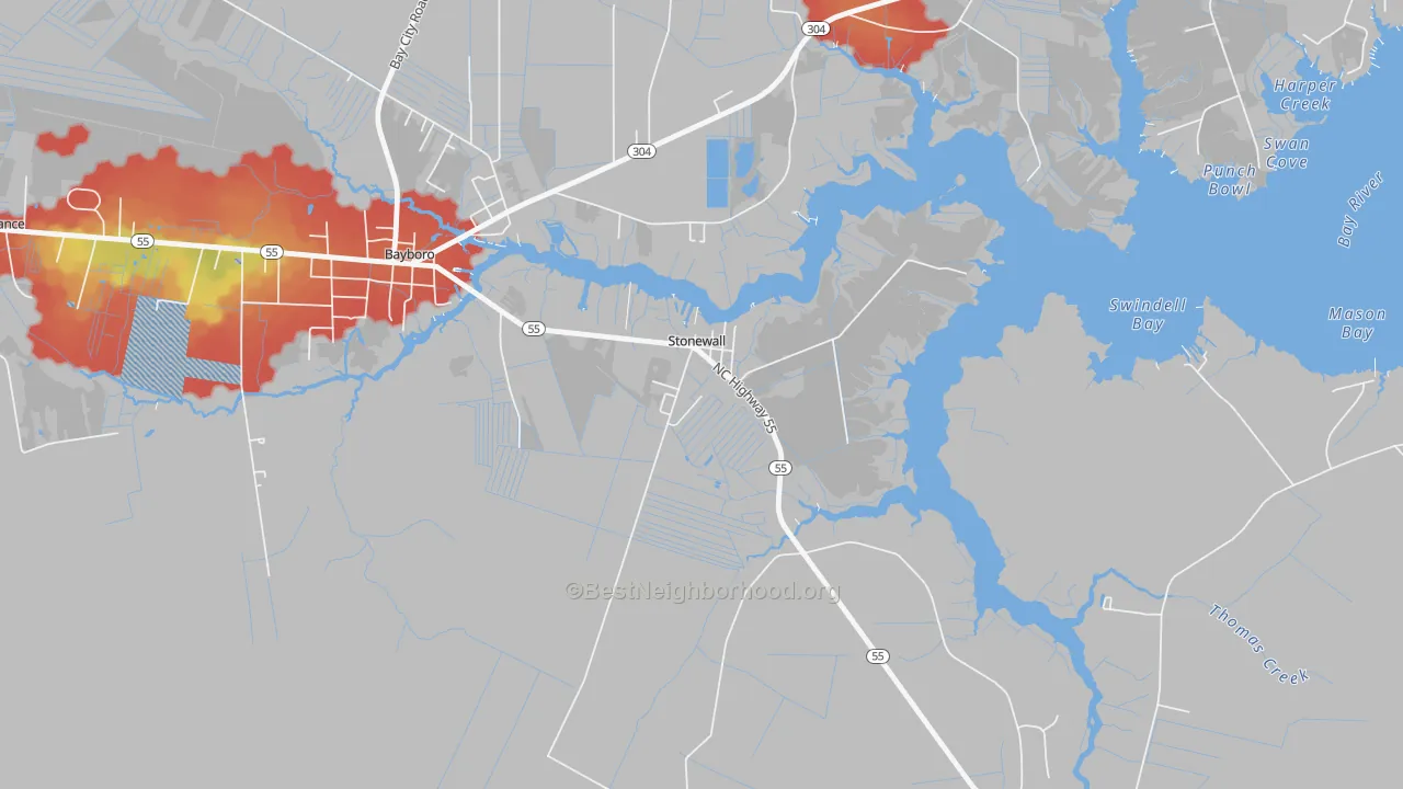 Walk Grade map of 28583, NC, walkable areas in green and car-dependent areas in red