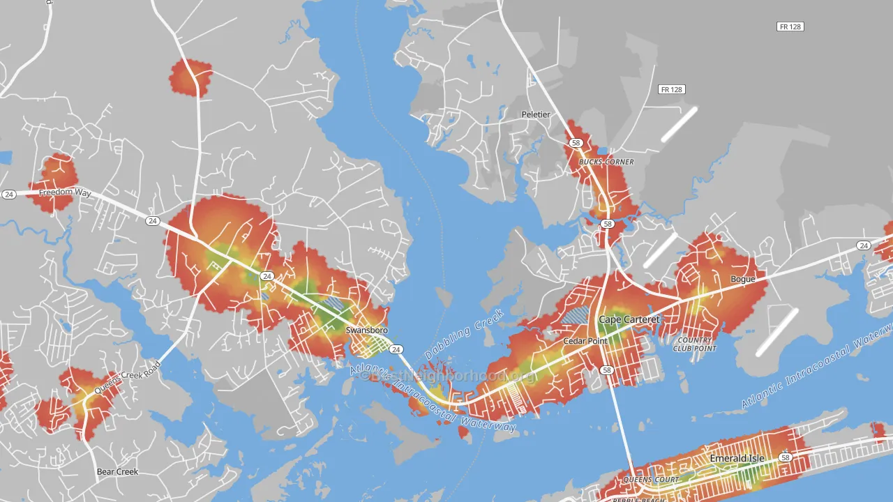 Walk Grade map of 28584, NC, walkable areas in green and car-dependent areas in red