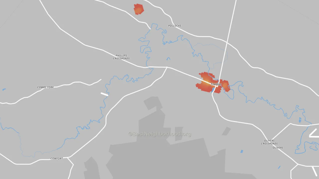 Walk Grade map of 28585, NC, walkable areas in green and car-dependent areas in red