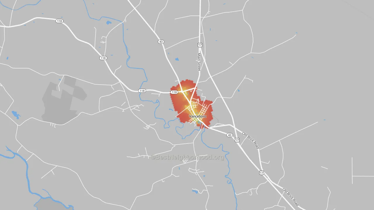 Walk Grade map of 28586, NC, walkable areas in green and car-dependent areas in red