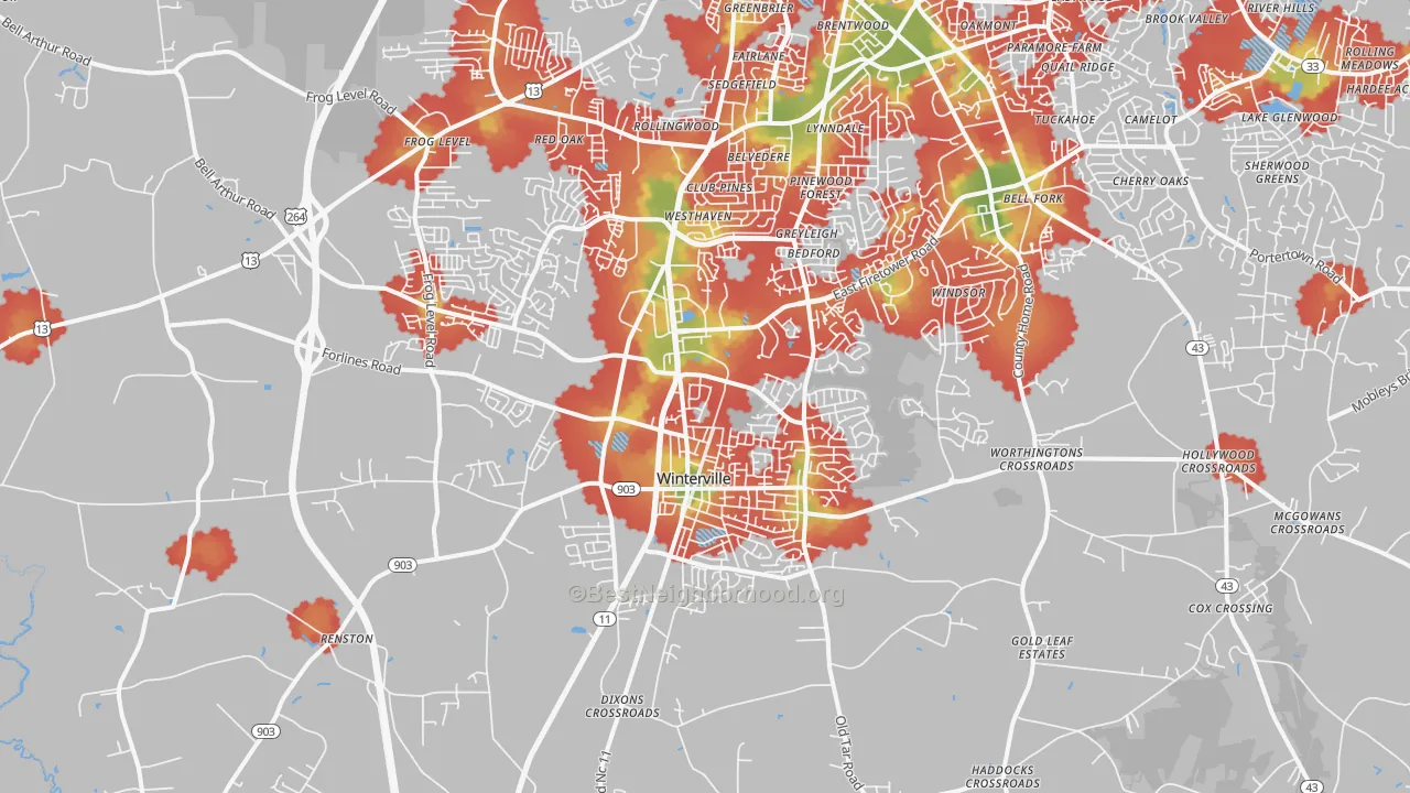Walk Grade map of 28590, NC, walkable areas in green and car-dependent areas in red